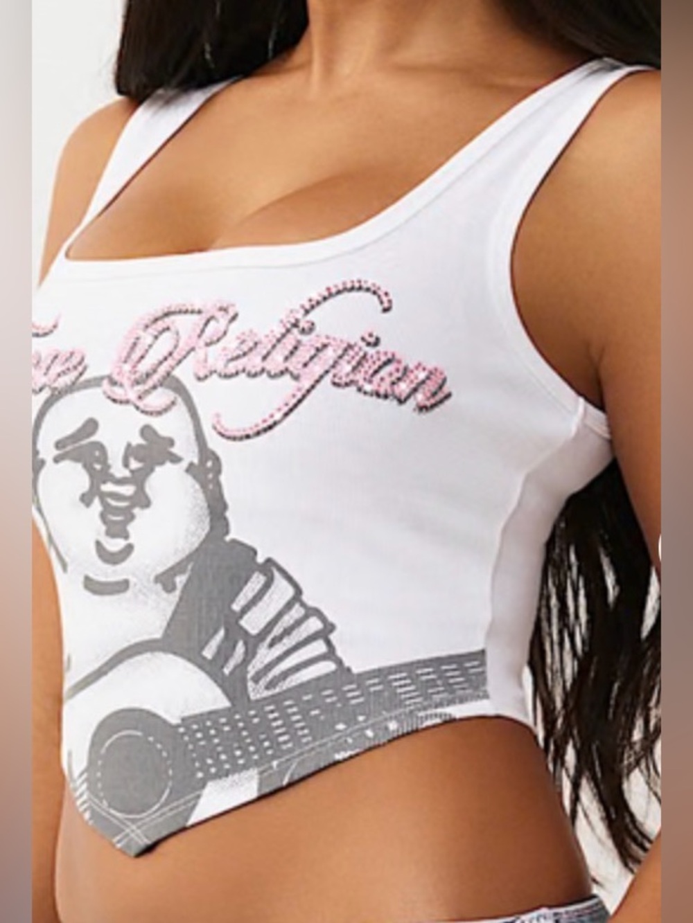 True Religion White Ribbed Tank with Pink Rhinestone Script - Picture 2 of 4